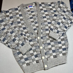 Vtg Boxy Cardigan Eclectic Grandpa Sz Med Knit Pullover 80s 90s Sweater Graphix